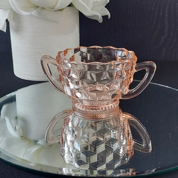 Vintage Jeannette Cube Pink Depression Glass Open Sugar Bowl - Picture 1 of 6